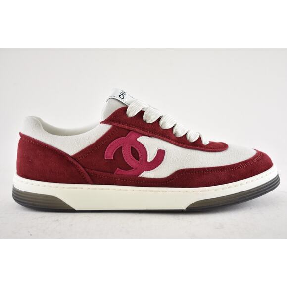 Chanel 23P Burgundy Suede White CC Logo Flat Lace Up Runner Trainer Sneaker 37 - Picture 2 of 15